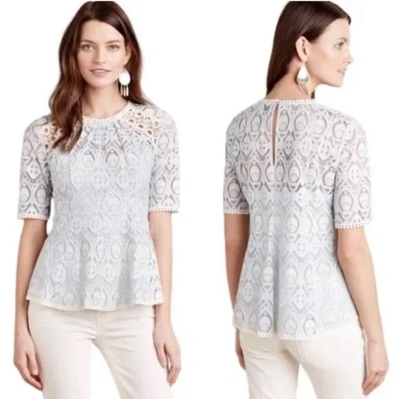 Anthropologie HD in Paris Womens Signa Blue Lace Peplum Top Cut Out - Picture 1 of 4